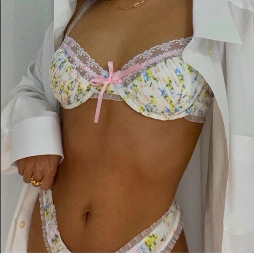 For Love And Lemons Floral Lace-Trim Bra & Thong Set in White and Pink